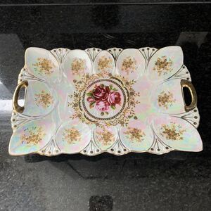 Haas & Czjek Handled Tray Floral Pearl porcelain 24K Gold Original Cobalt